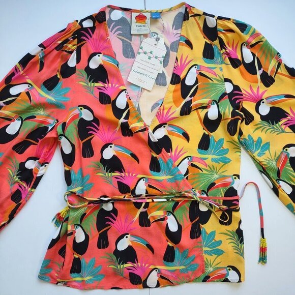 NWT FARM Rio Tropical Toucan Rainbow Chic Feminine Wrap Blouse  Size Small - Picture 3 of 10